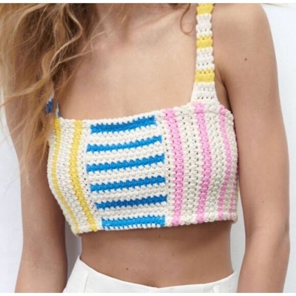 Zara NET Multi Color Crochet Striped Knit Crop Top sz M - Picture 1 of 6